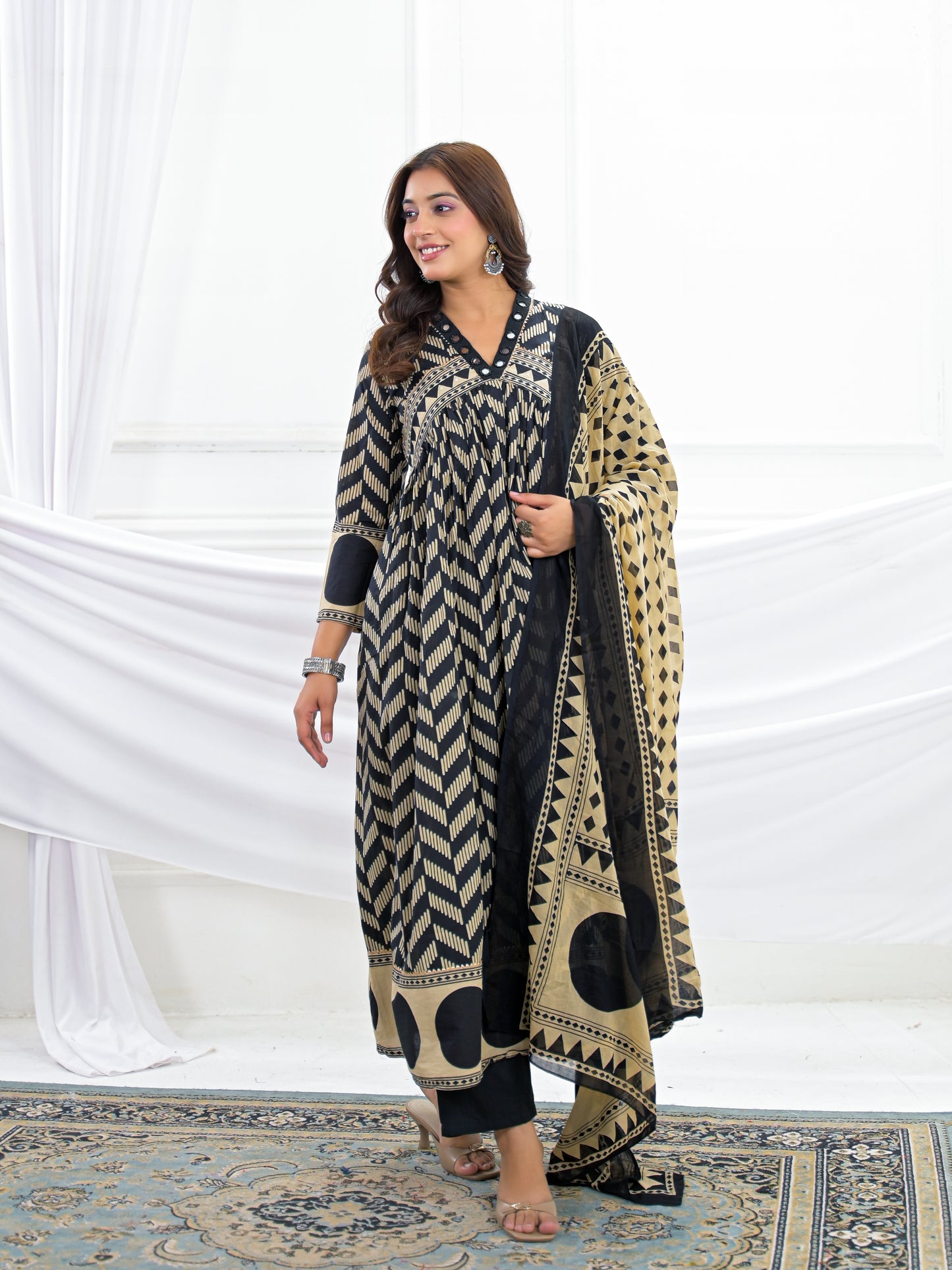 Black Cotton Anarkali Suit Set with Printed Dupatta