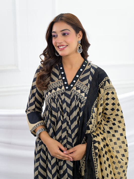 Black Cotton Anarkali Suit Set with Printed Dupatta