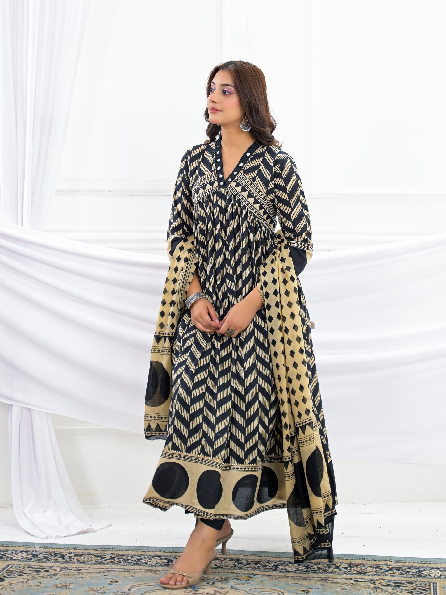 Black Cotton Anarkali Suit Set with Printed Dupatta