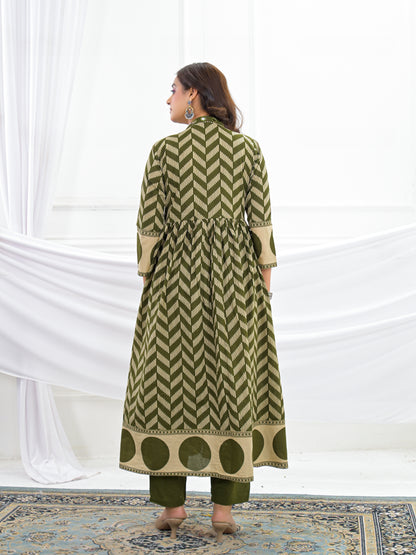 Olive Green Cotton Anarkali Suit Set with Printed Dupatta