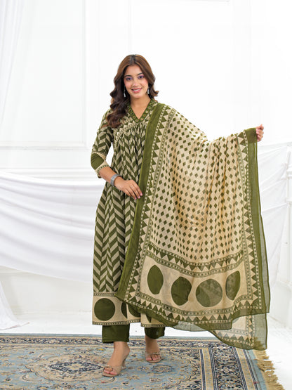 Olive Green Cotton Anarkali Suit Set with Printed Dupatta