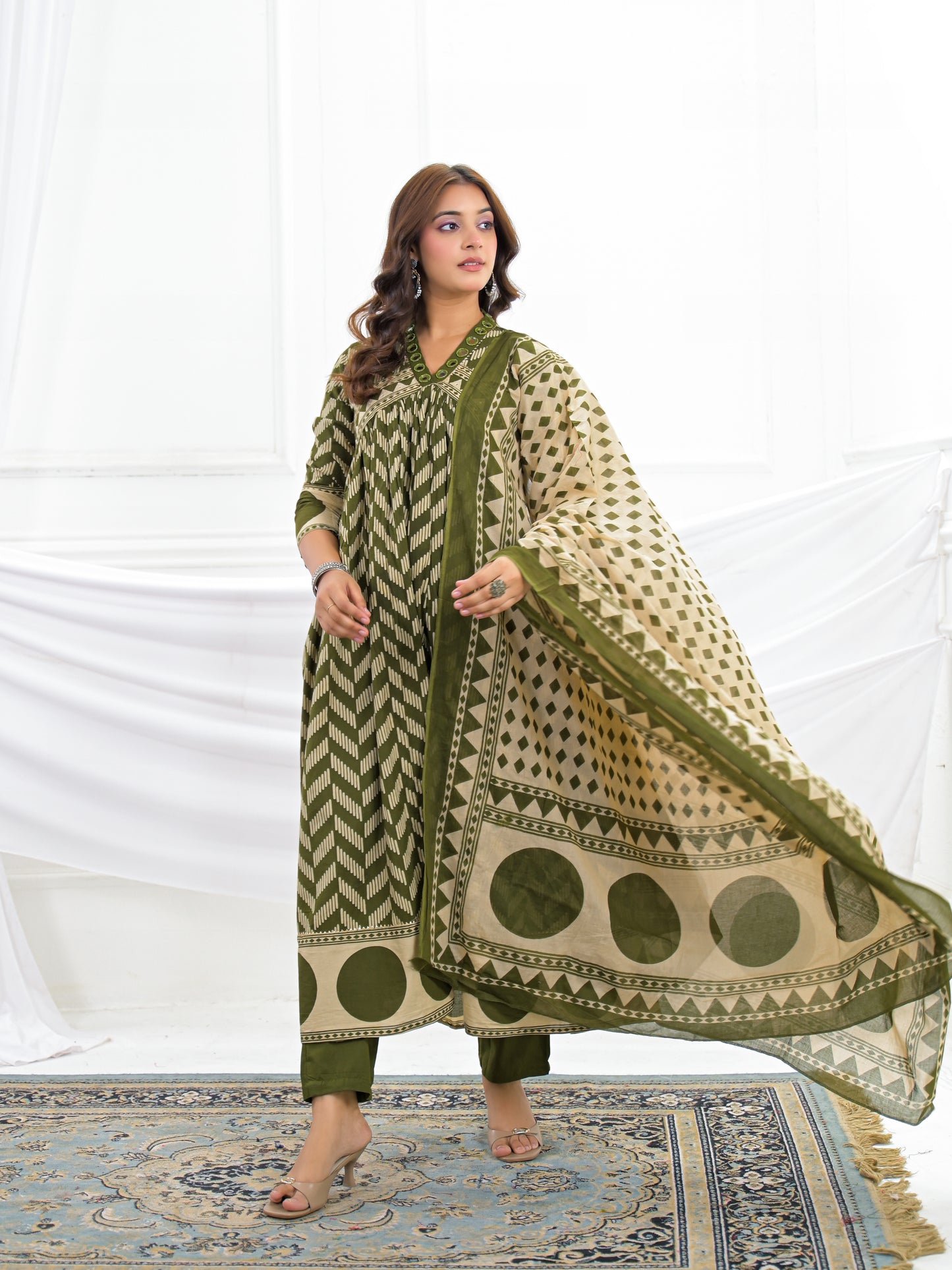 Olive Green Cotton Anarkali Suit Set with Printed Dupatta