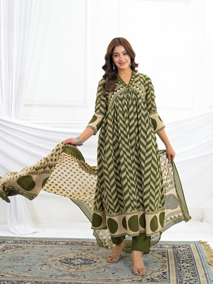 Olive Green Cotton Anarkali Suit Set with Printed Dupatta