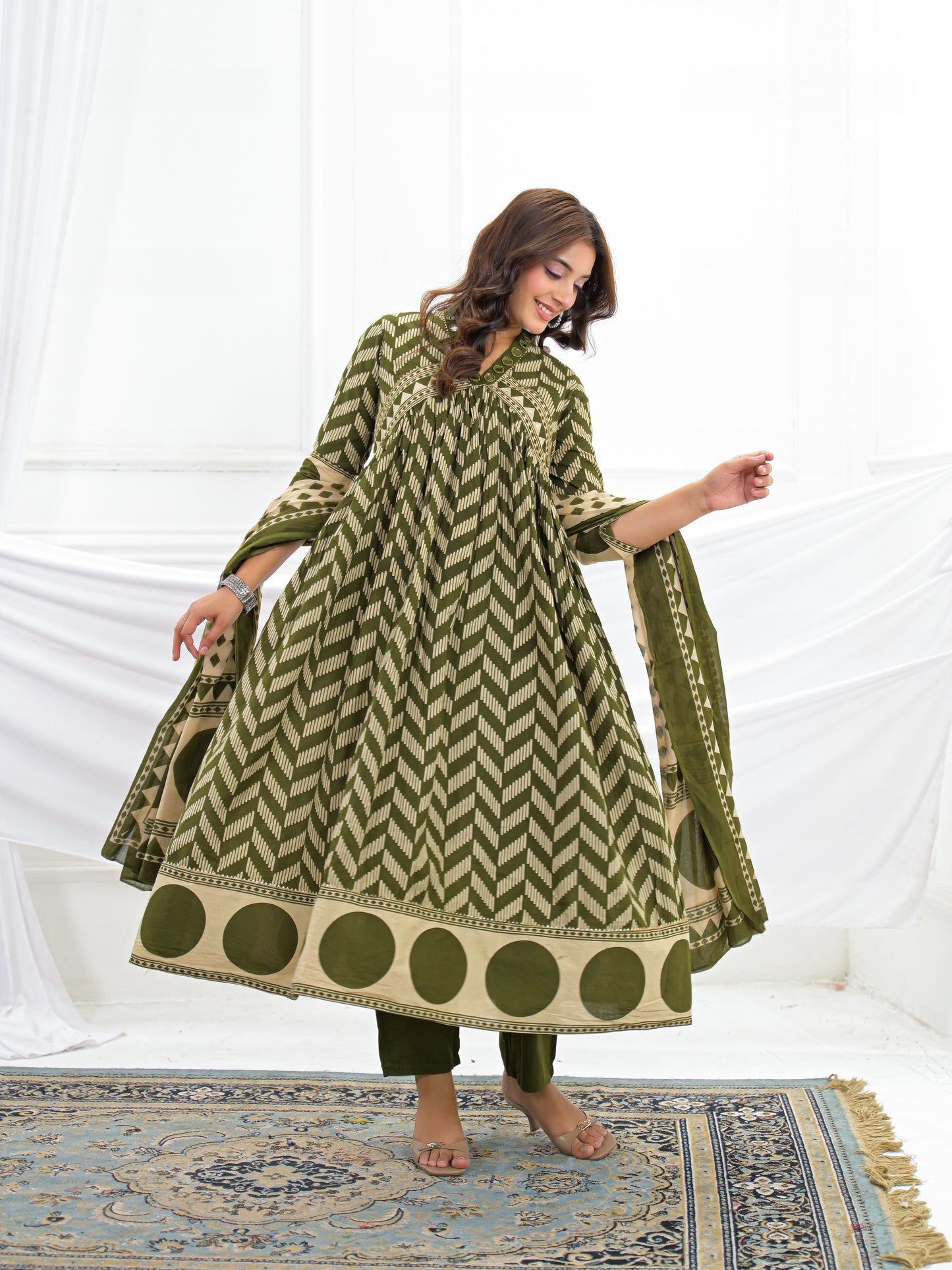 Olive Green Cotton Anarkali Suit Set with Printed Dupatta