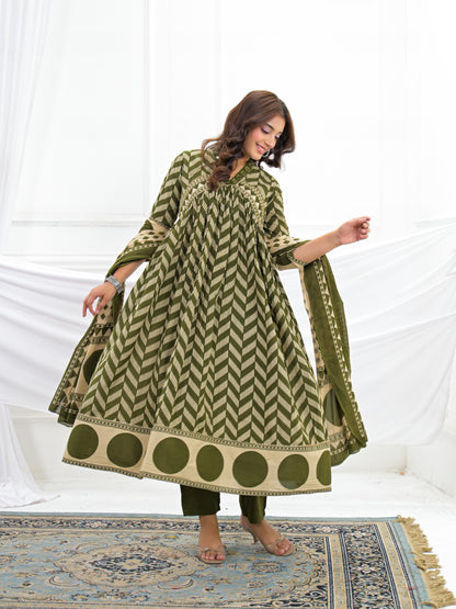 Olive Green Cotton Anarkali Suit Set with Printed Dupatta