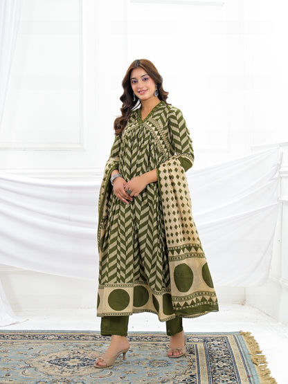 Olive Green Cotton Anarkali Suit Set with Printed Dupatta