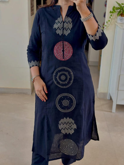 Deep Navy blue Pure Cotton Kurta Set with Embroidery – Festive & Casual Wear