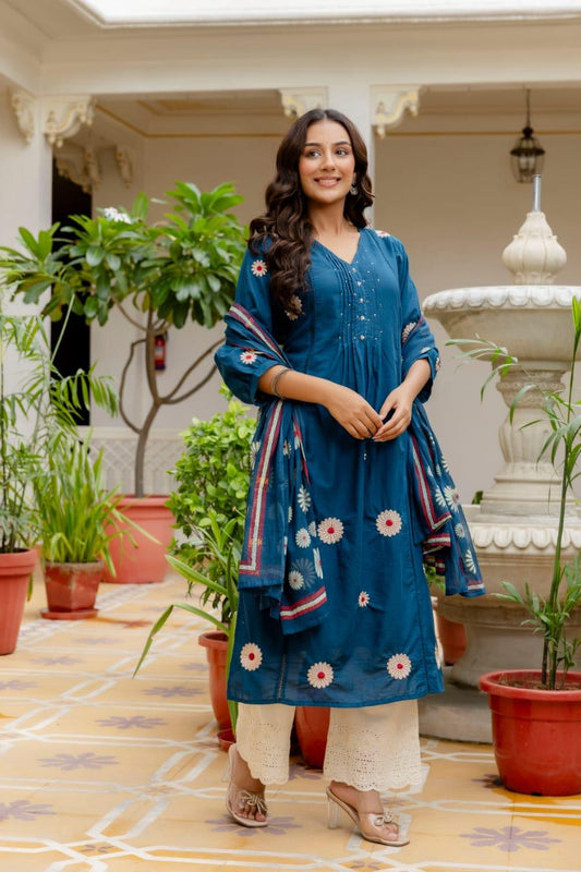 Deep Teal Blue Cotton Embroidered Suit Set with Floral Dupatta