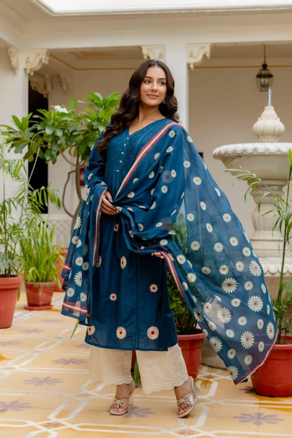 Deep Teal Blue Cotton Embroidered Suit Set with Floral Dupatta