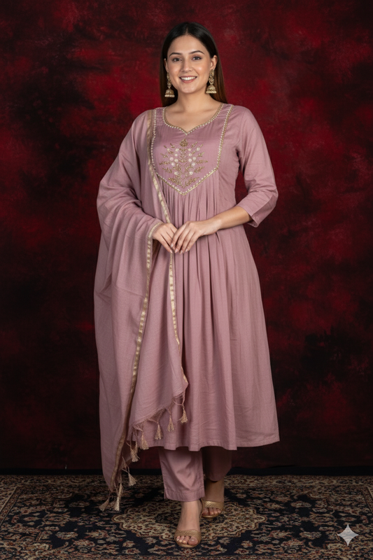 Dusty Rose 3-Piece Anarkali Suit Set – Premium Soft Mul-Chanderi