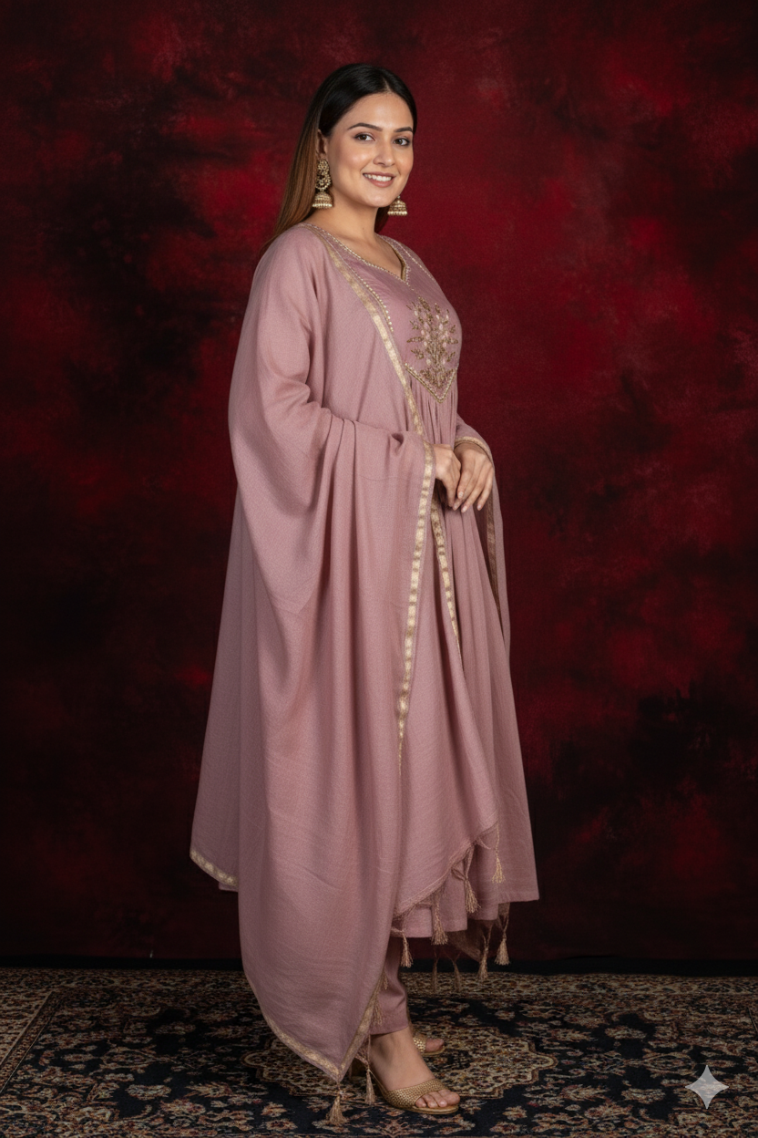 Dusty Rose 3-Piece Anarkali Suit Set – Premium Soft Mul-Chanderi