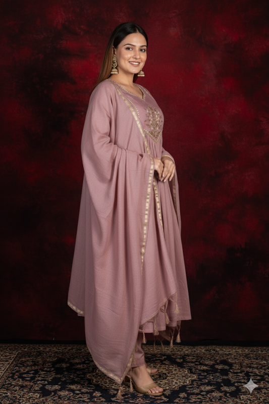 Dusty Rose 3-Piece Anarkali Suit Set – Premium Soft Mul-Chanderi