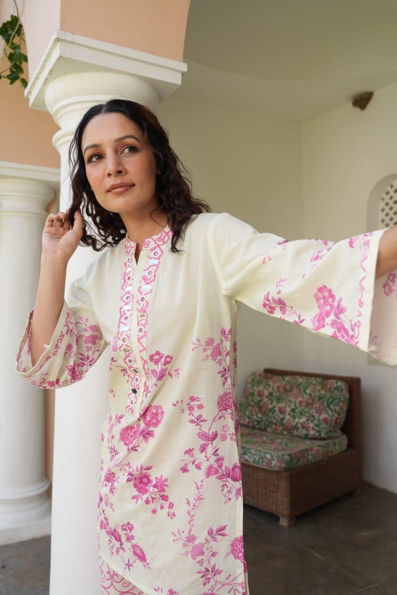 Elegant Cream & Pink Floral Printed Co-Ord Set with Designer Palazzo