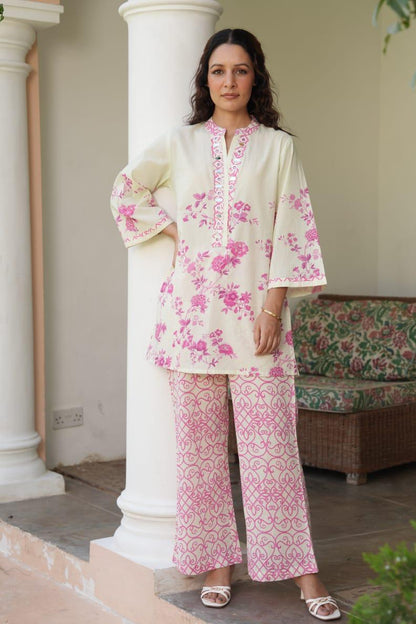 Elegant Cream & Pink Floral Printed Co-Ord Set with Designer Palazzo