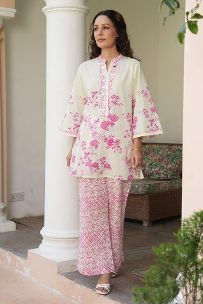 Elegant Cream & Pink Floral Printed Co-Ord Set with Designer Palazzo