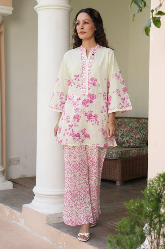 Elegant Cream & Pink Floral Printed Co-Ord Set with Designer Palazzo