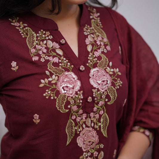 Elegant Maroon Cotton Kurta Set with Intricate Floral Embroidery & Dupatta