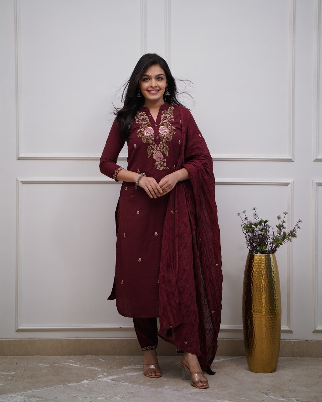 Elegant Maroon Cotton Kurta Set with Intricate Floral Embroidery & Dupatta