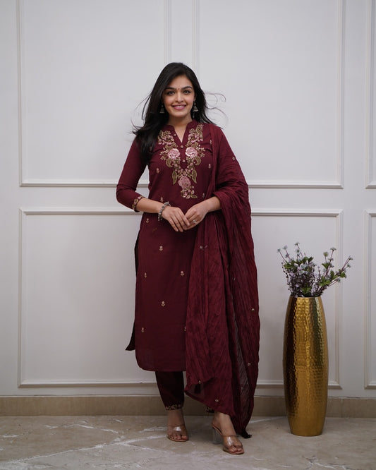 Elegant Maroon Cotton Kurta Set with Intricate Floral Embroidery & Dupatta