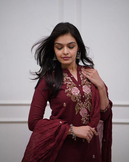 Elegant Maroon Cotton Kurta Set with Intricate Floral Embroidery & Dupatta