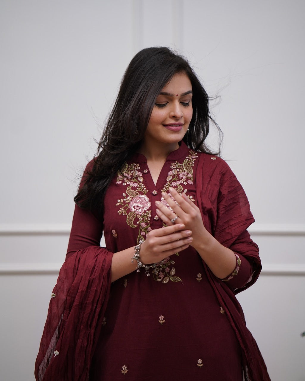 Elegant Maroon Cotton Kurta Set with Intricate Floral Embroidery & Dupatta