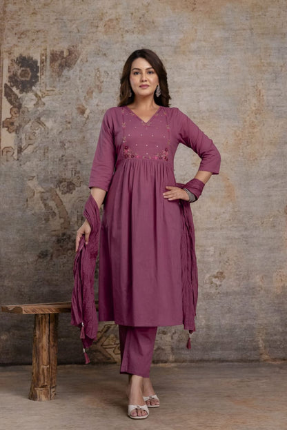Elegant Mauve Cotton Embroidered Anarkali Style Suit Set with Tasseled Dupatta