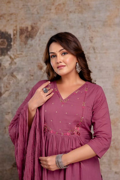 Elegant Mauve Cotton Embroidered Anarkali Style Suit Set with Tasseled Dupatta