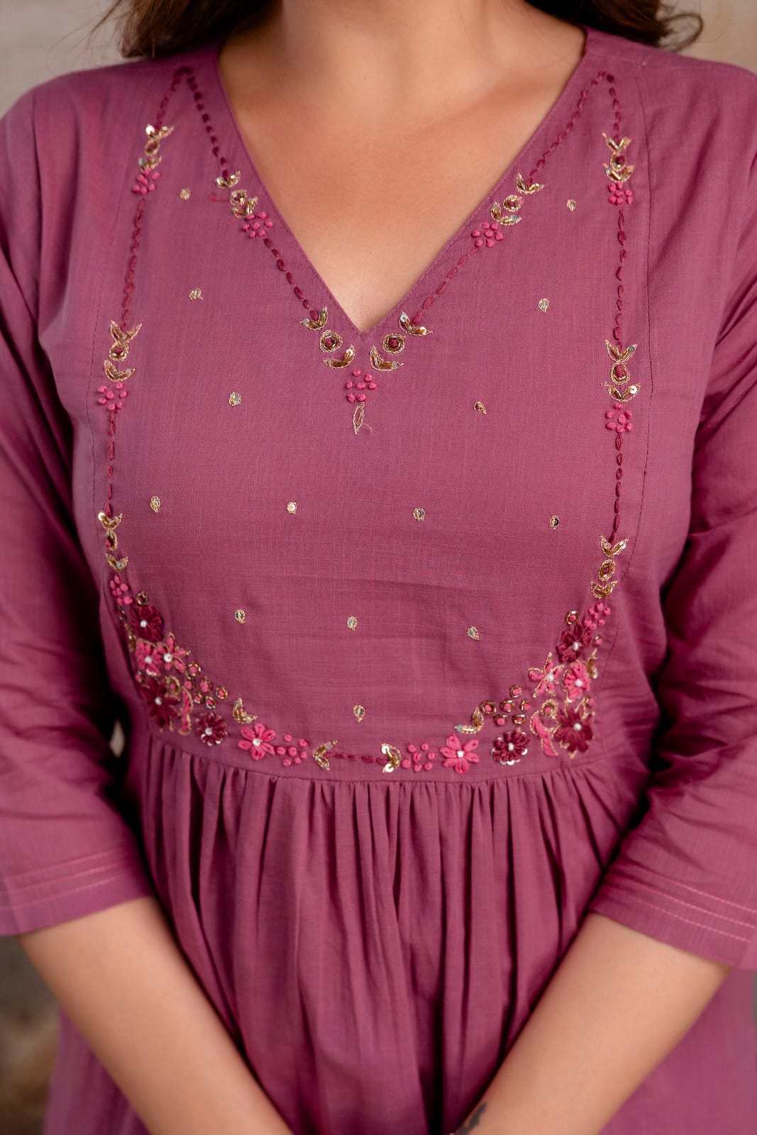 Elegant Mauve Cotton Embroidered Anarkali Style Suit Set with Tasseled Dupatta