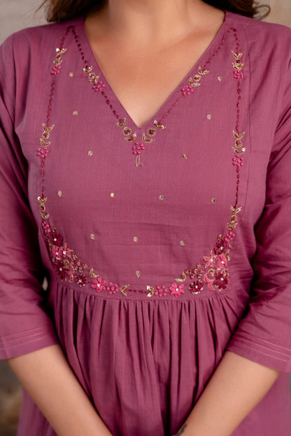 Elegant Mauve Cotton Embroidered Anarkali Style Suit Set with Tasseled Dupatta