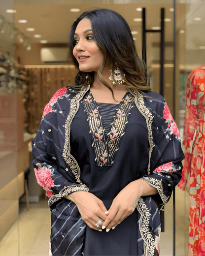 Black Premium Muslin Suit Set with Intricate Embroidery – Luxurious