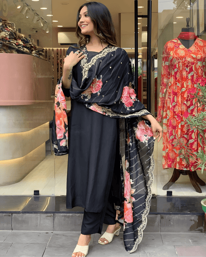 Black Premium Muslin Suit Set with Intricate Embroidery – Luxurious