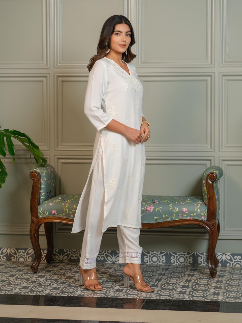Ethereal in White – Chikankari Embroidered Kurta Set with Crochet Palazzo