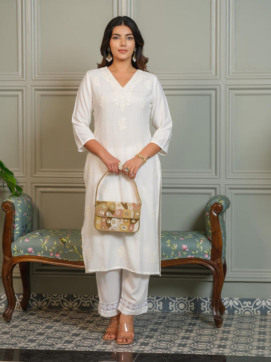 Ethereal in White – Chikankari Embroidered Kurta Set with Crochet Palazzo