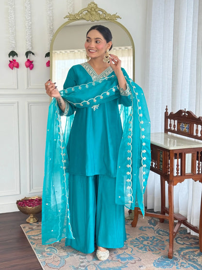 Festive Firozi Roman Silk Divider Suit with Heavy Zari Work & Cotton Lining