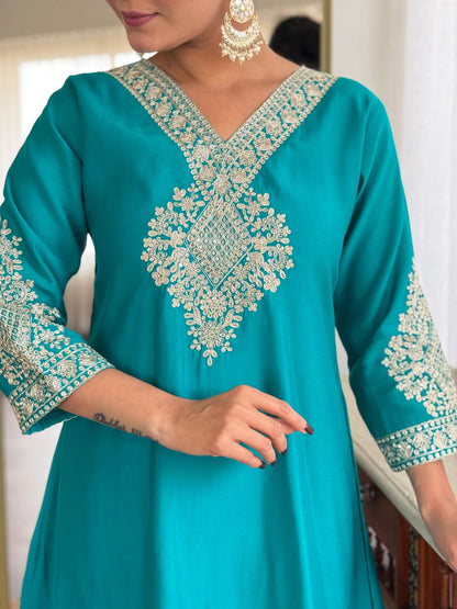 Festive Firozi Roman Silk Divider Suit with Heavy Zari Work & Cotton Lining