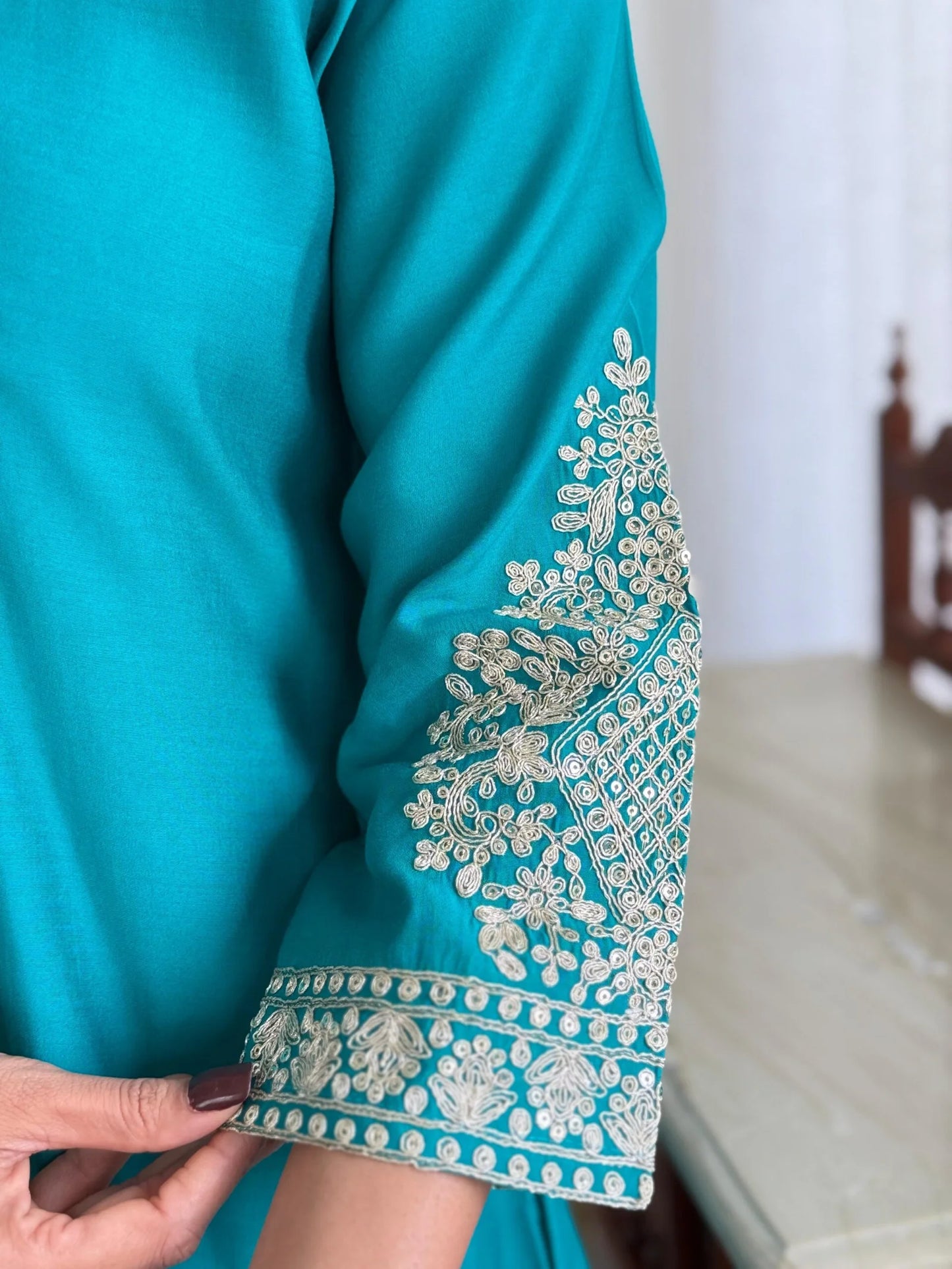 Festive Firozi Roman Silk Divider Suit with Heavy Zari Work & Cotton Lining