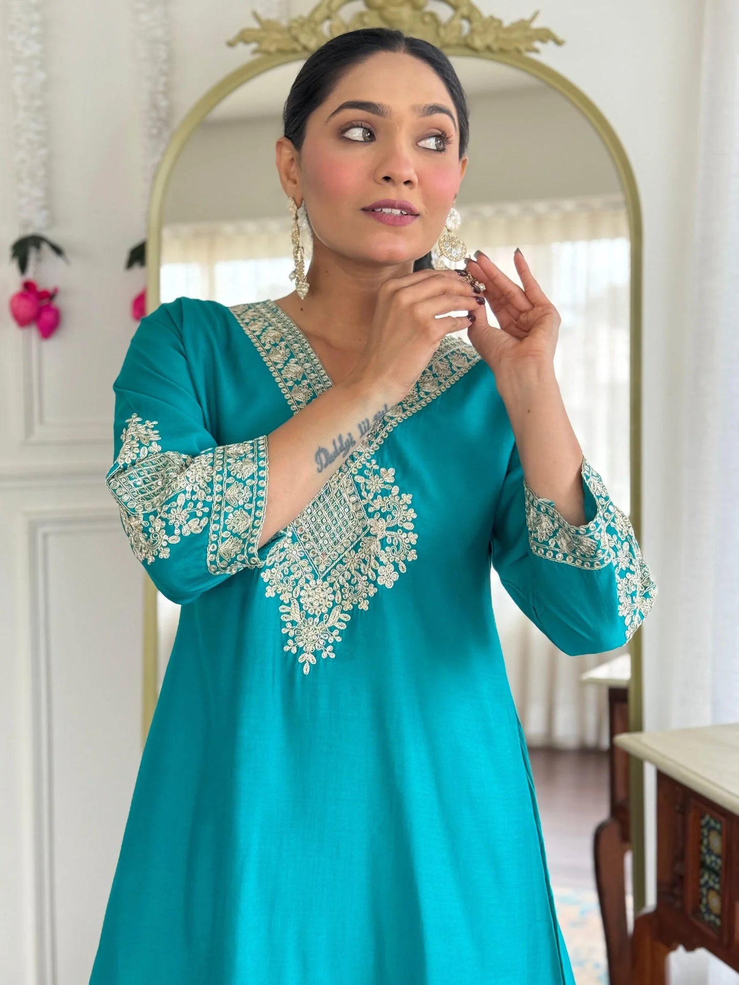 Festive Firozi Roman Silk Divider Suit with Heavy Zari Work & Cotton Lining