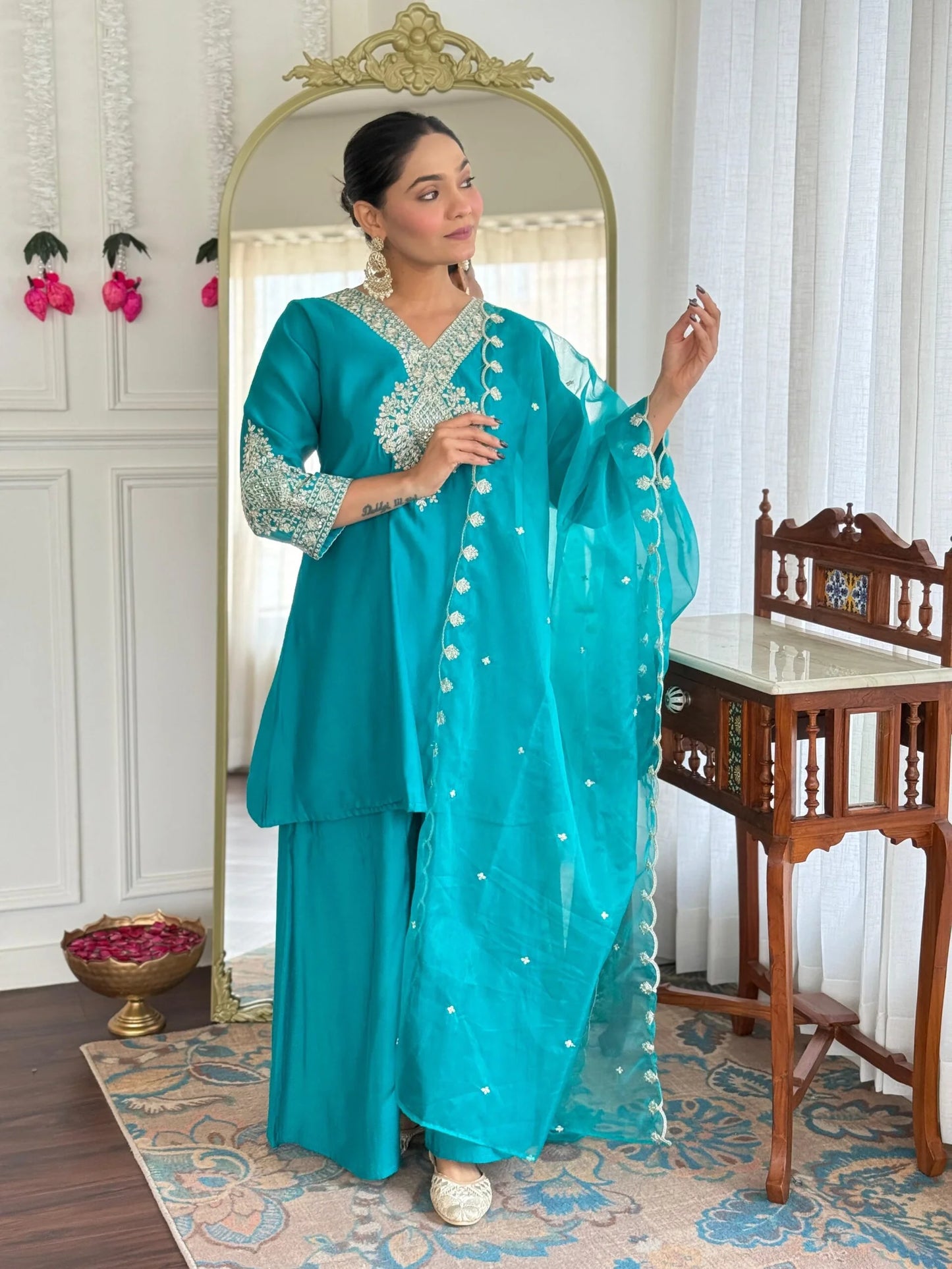 Festive Firozi Roman Silk Divider Suit with Heavy Zari Work & Cotton Lining