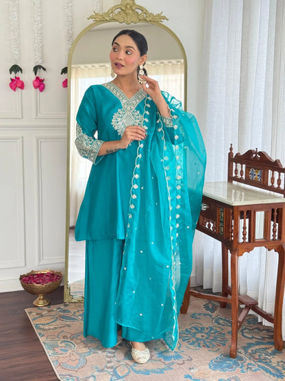 Festive Firozi Roman Silk Divider Suit with Heavy Zari Work & Cotton Lining
