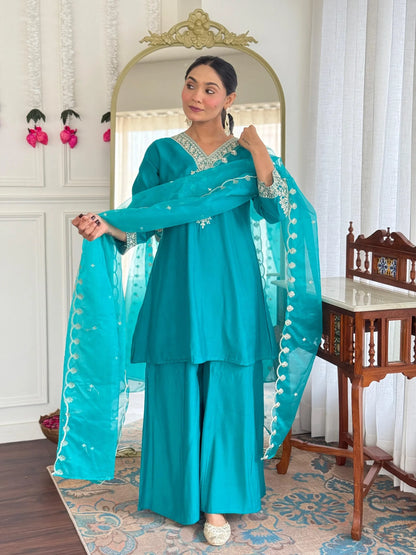 Festive Firozi Roman Silk Divider Suit with Heavy Zari Work & Cotton Lining