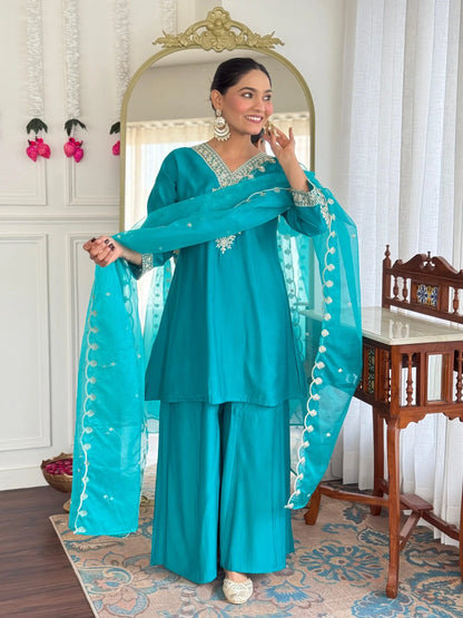 Festive Firozi Roman Silk Divider Suit with Heavy Zari Work & Cotton Lining