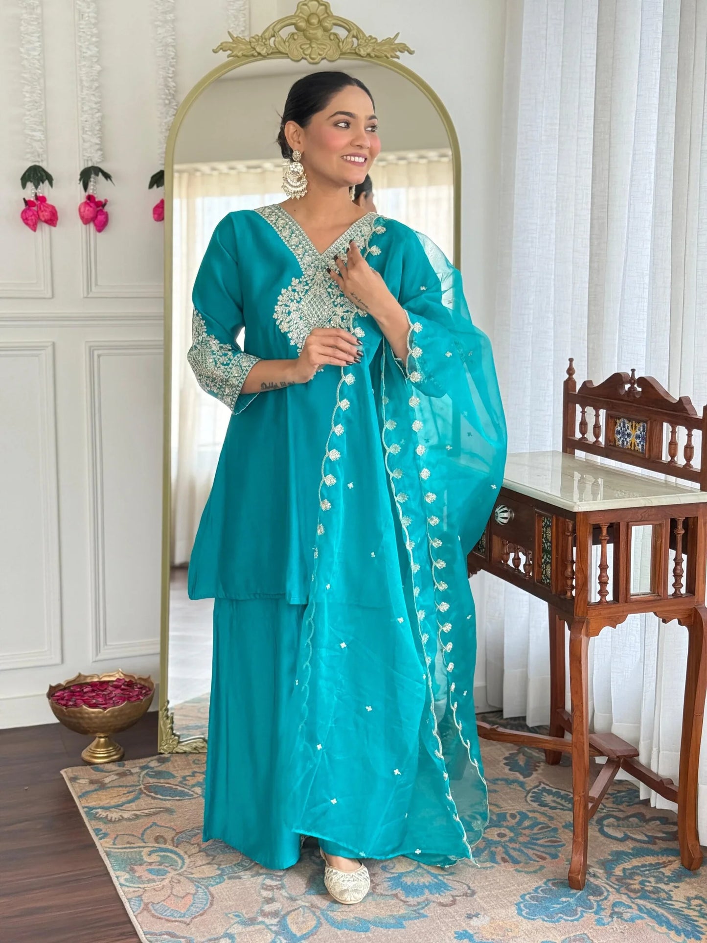 Festive Firozi Roman Silk Divider Suit with Heavy Zari Work & Cotton Lining