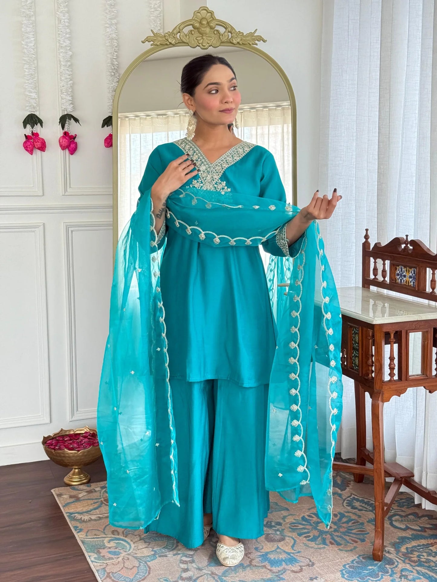 Festive Firozi Roman Silk Divider Suit with Heavy Zari Work & Cotton Lining