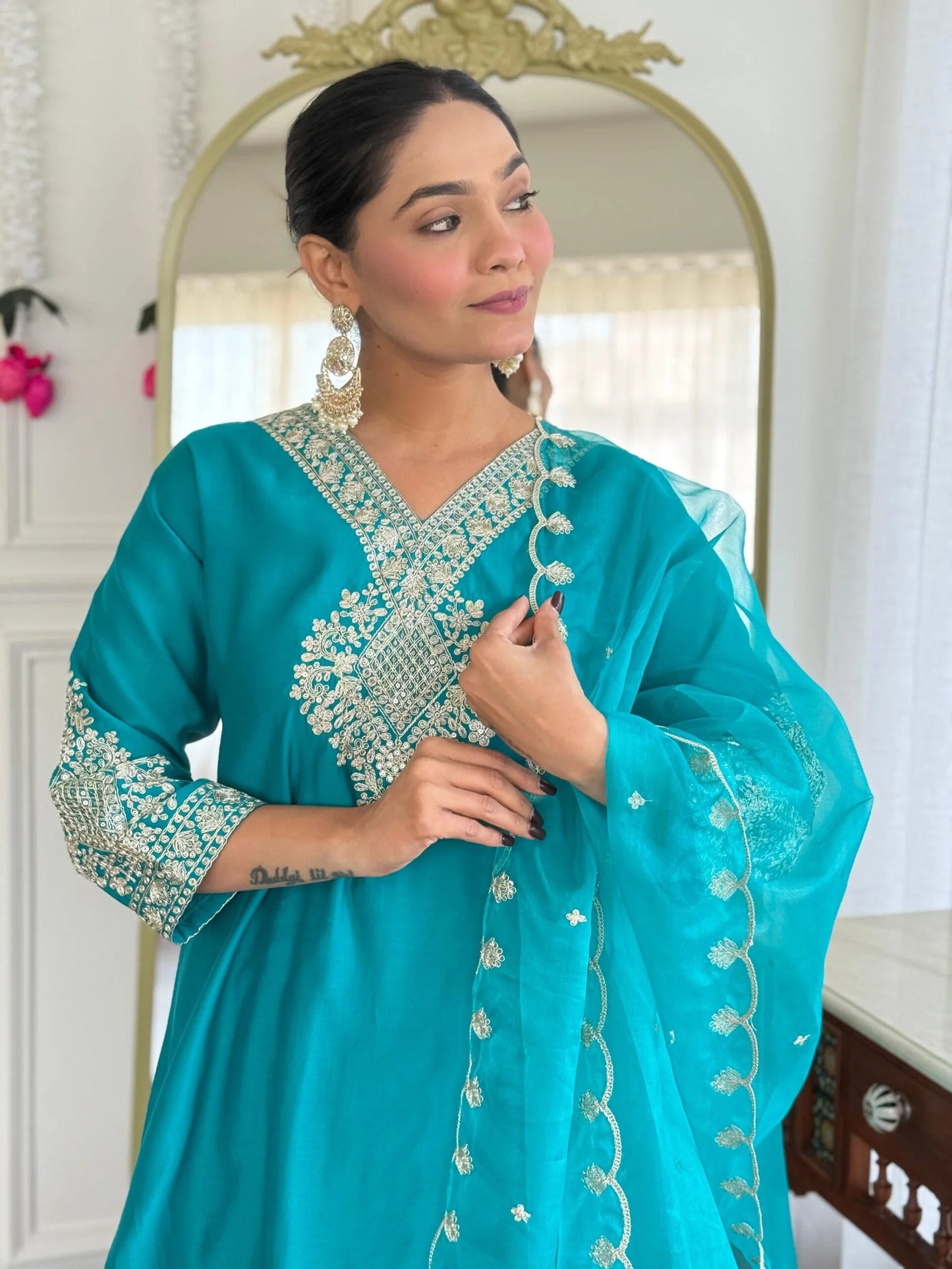 Festive Firozi Roman Silk Divider Suit with Heavy Zari Work & Cotton Lining