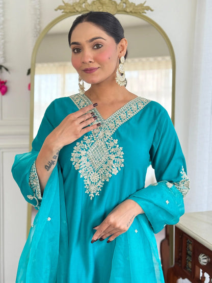 Festive Firozi Roman Silk Divider Suit with Heavy Zari Work & Cotton Lining