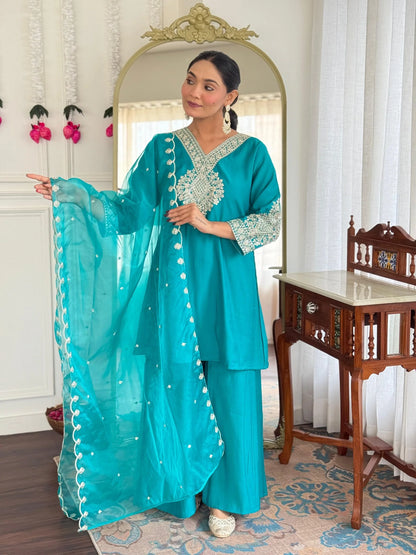 Festive Firozi Roman Silk Divider Suit with Heavy Zari Work & Cotton Lining