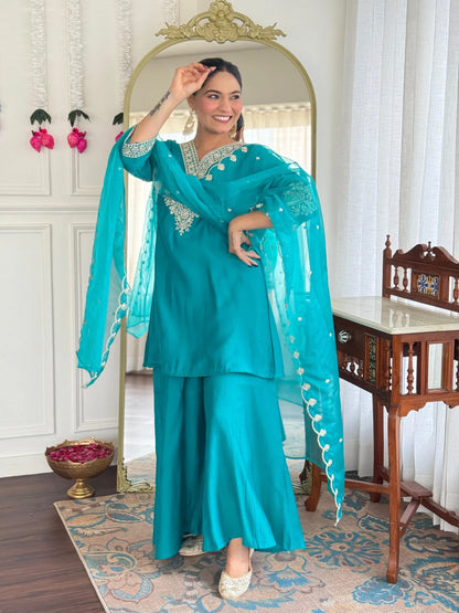 Festive Firozi Roman Silk Divider Suit with Heavy Zari Work & Cotton Lining