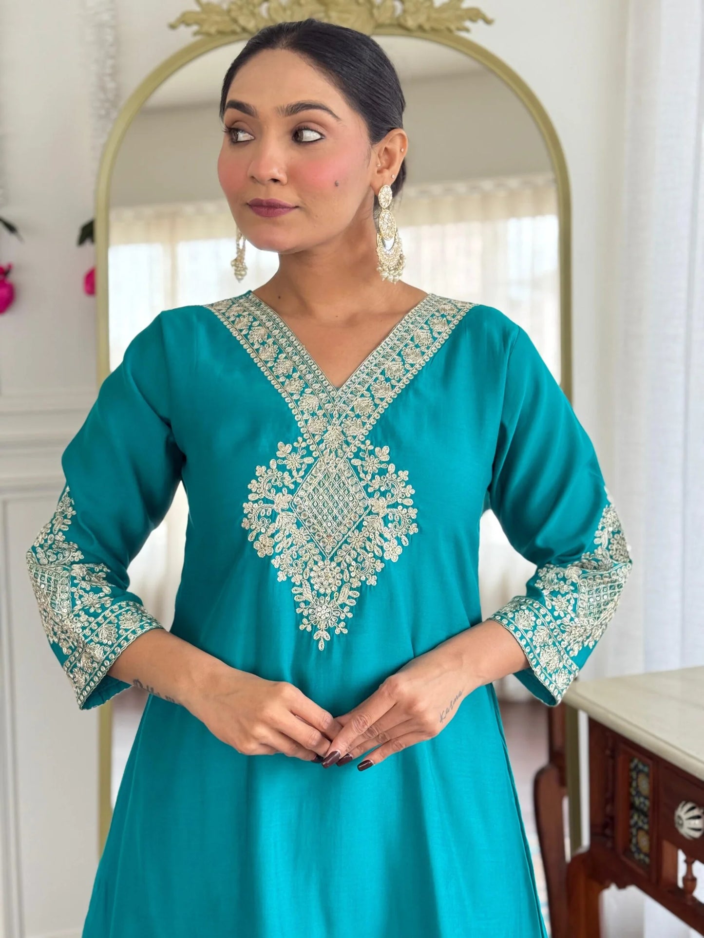 Festive Firozi Roman Silk Divider Suit with Heavy Zari Work & Cotton Lining