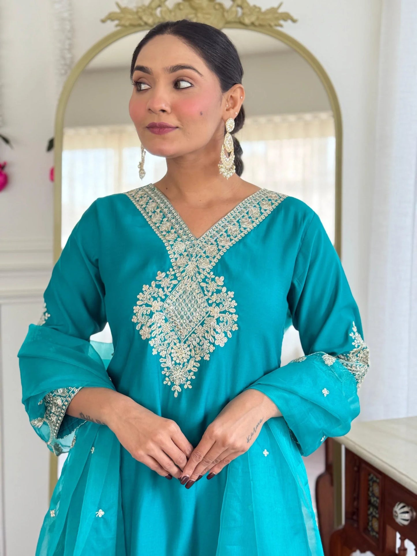 Festive Firozi Roman Silk Divider Suit with Heavy Zari Work & Cotton Lining