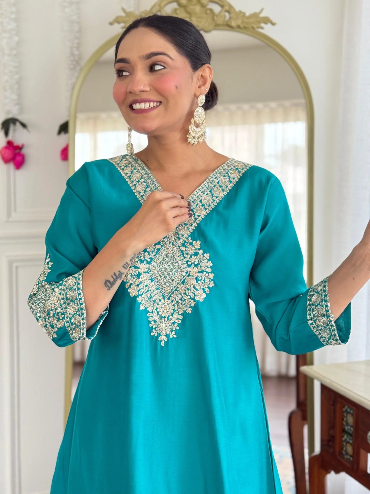 Festive Firozi Roman Silk Divider Suit with Heavy Zari Work & Cotton Lining